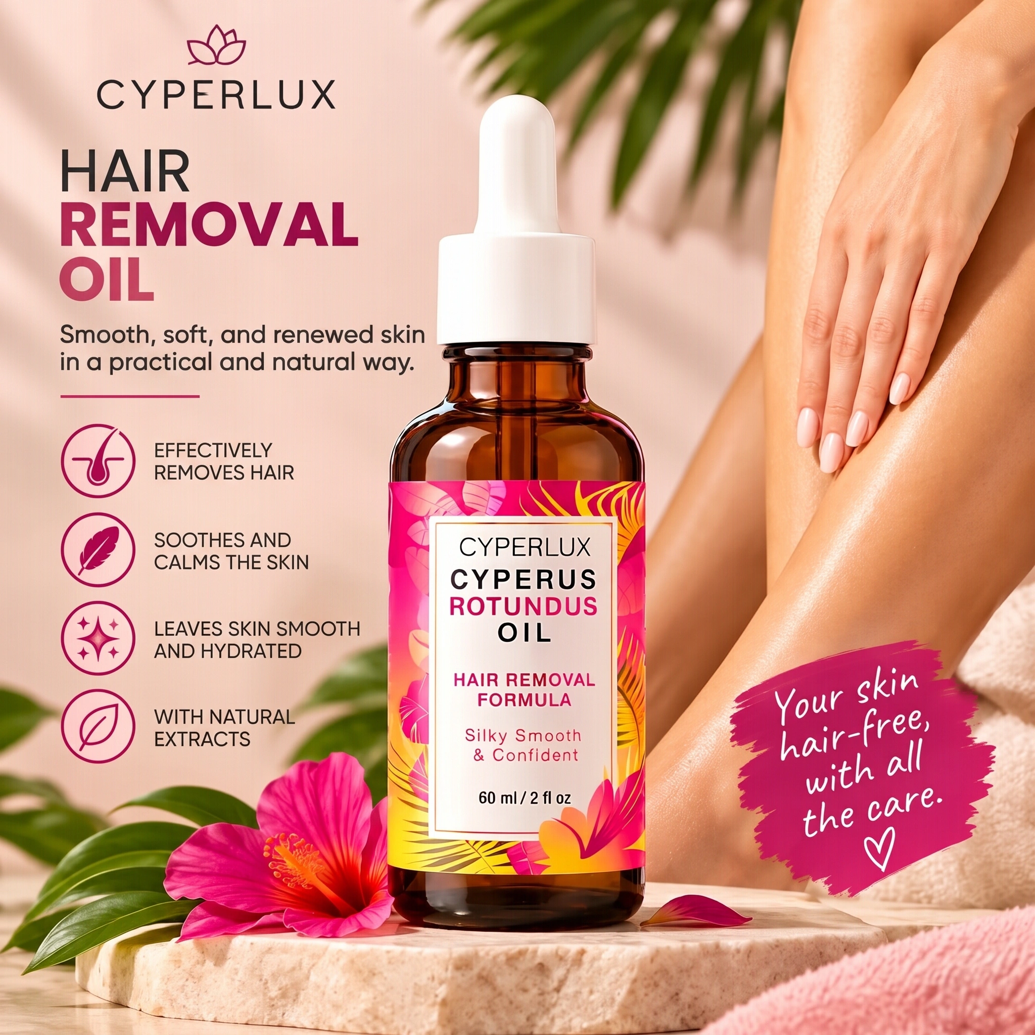 Cyperlux poster next to smooth legs: silky, moisturised skin with natural extracts